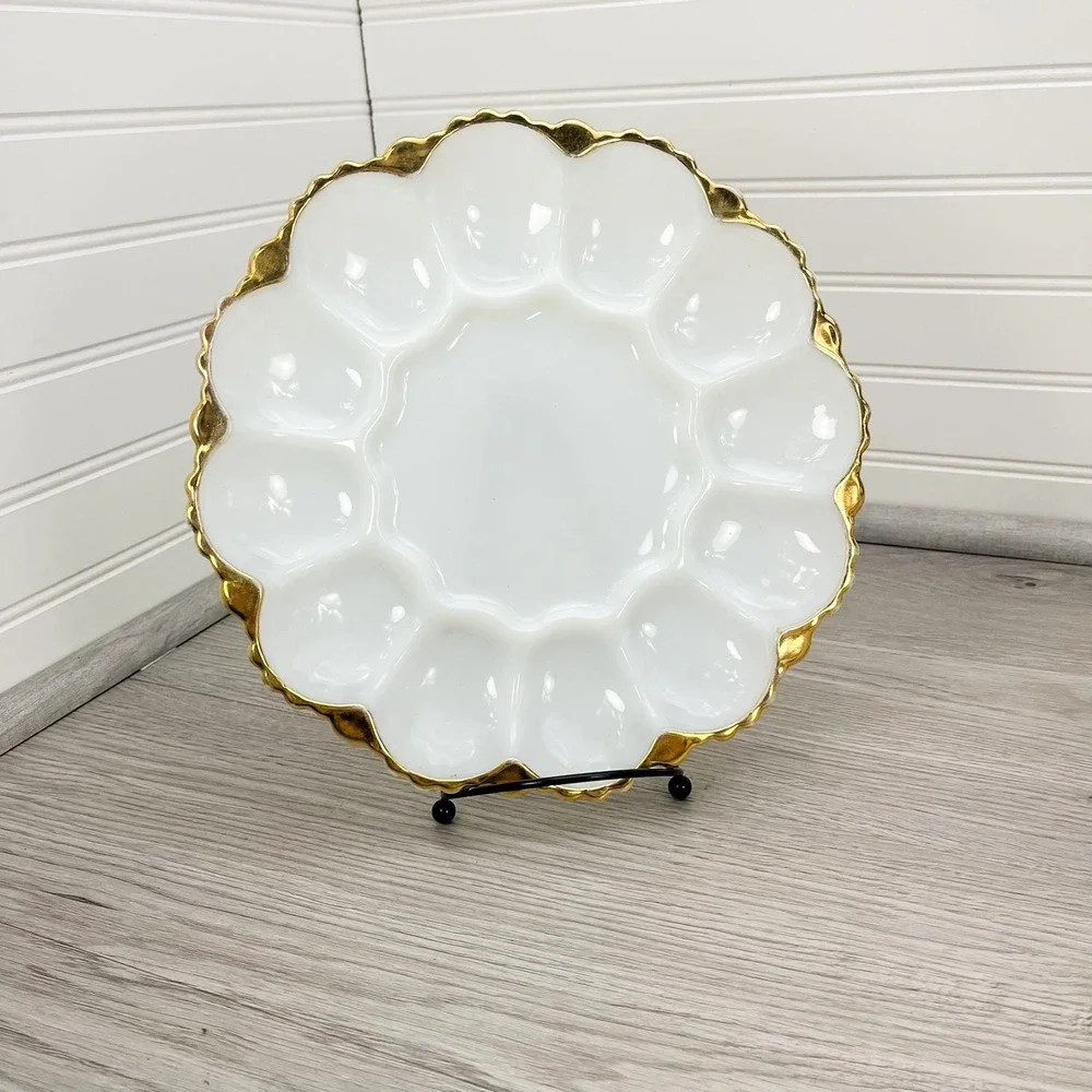 Anchor Hocking Milk Glass Gold Rim Deviled Egg Tray/Platter
